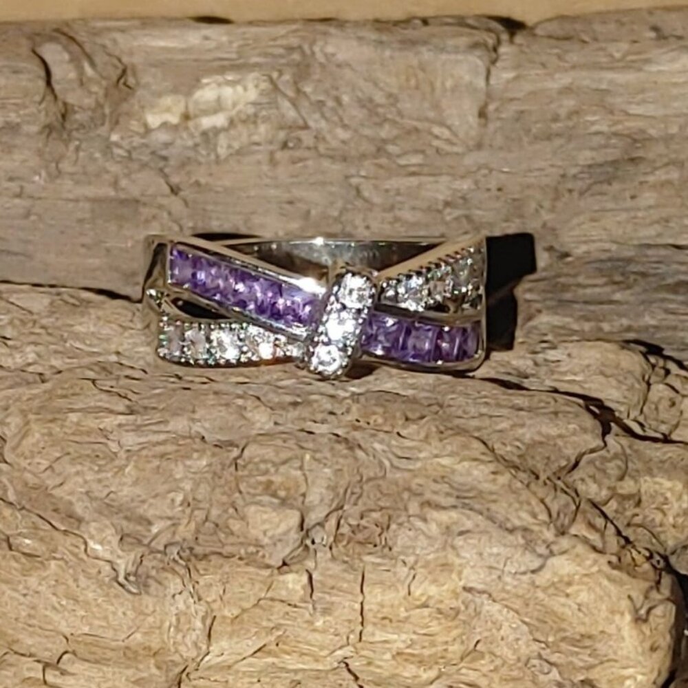 Sterling Silver 925 Ring Quartz Amethyst Bow Knot Crossover Purple Clear Square